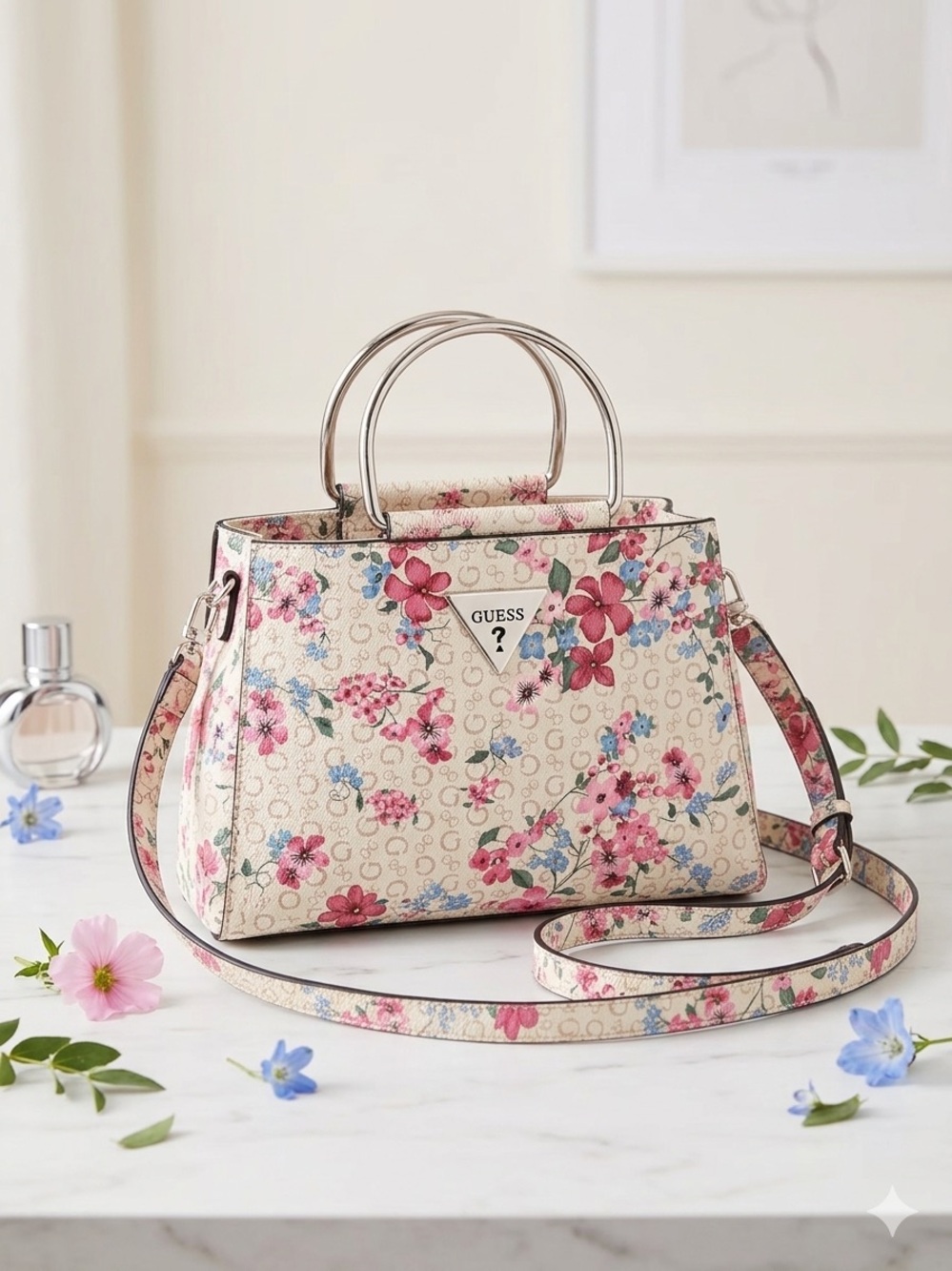 Guess Floral Print Satchel in Cream with Pink & Blue Flowers